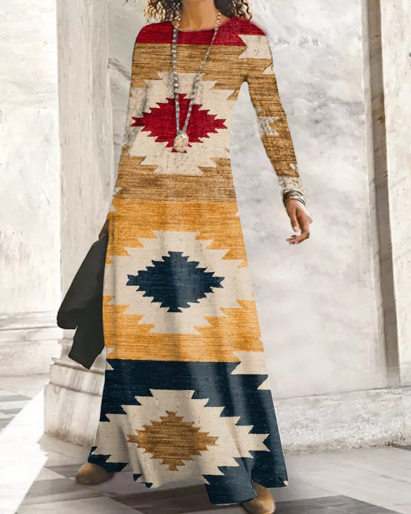 Ethnic Long Sleeve Crew Neck Casual Dresses