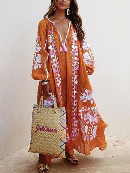 Women Printed Boho Casual Dress V Neck Holiday Maxi Dress