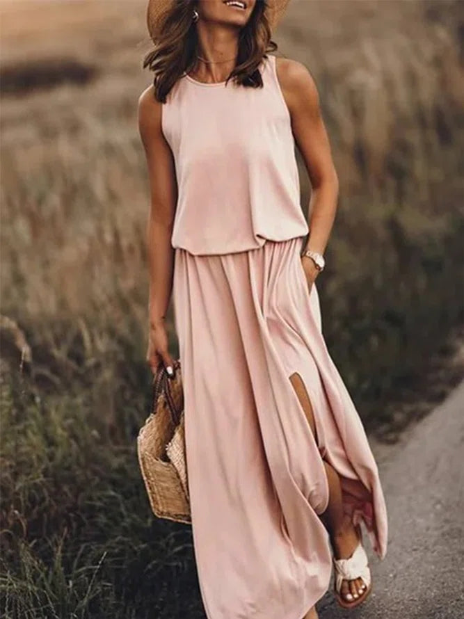 Women's Round Neck Solid Cotton-Blend Boho Pink Maxi Dress