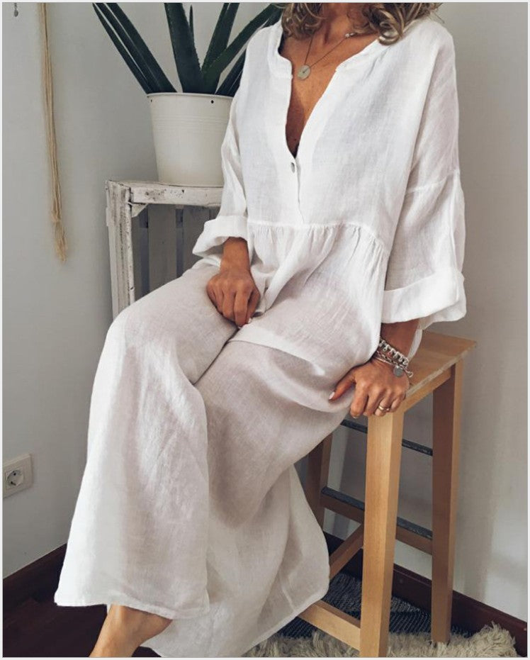 Women's Solid V Neck Casual Loose Shift Dress