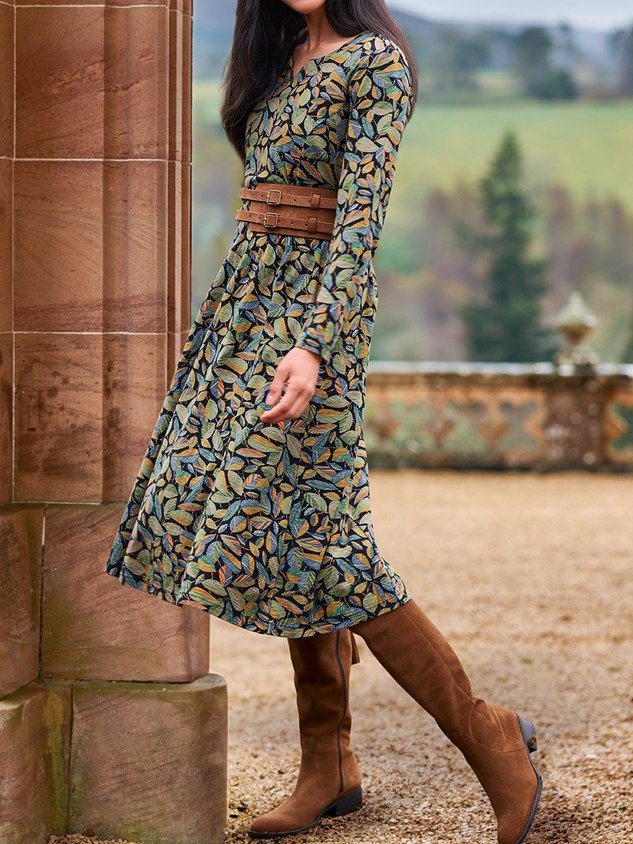 Women Leaf Notched Long Sleeve Comfy Boho Midi Dress